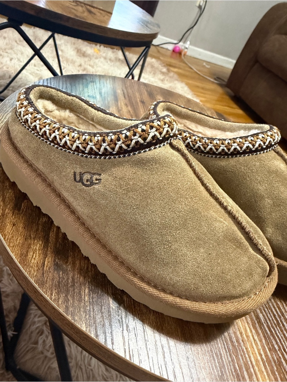 UGG Kids Chestnut/Tan Suede Slip-On Clog with Braided Trim
